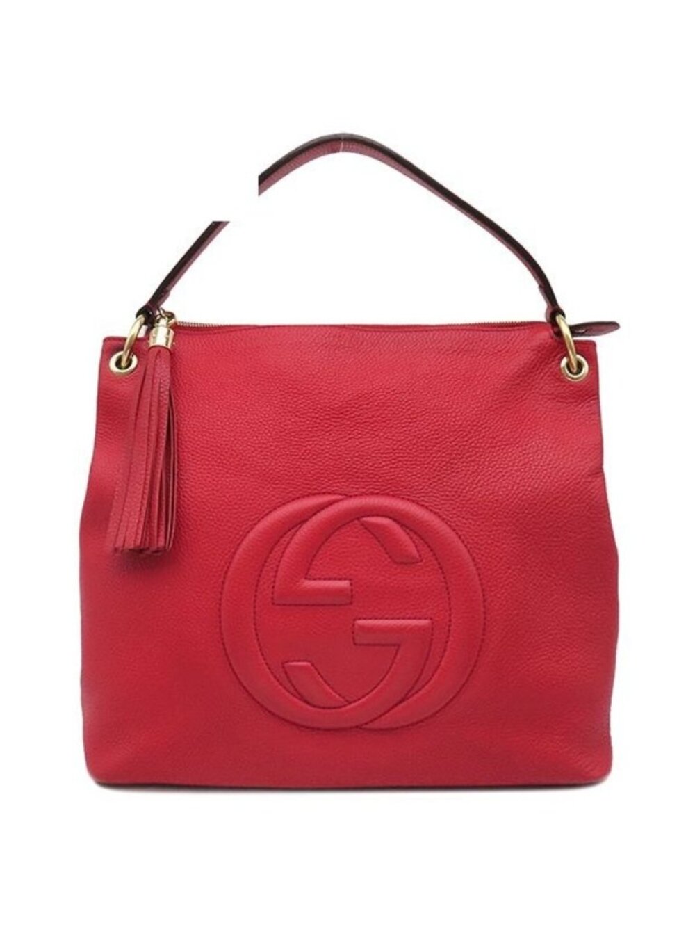 Gucci Shoulder Bag Soho Interlocking G Leather Red Gold Tassel Show